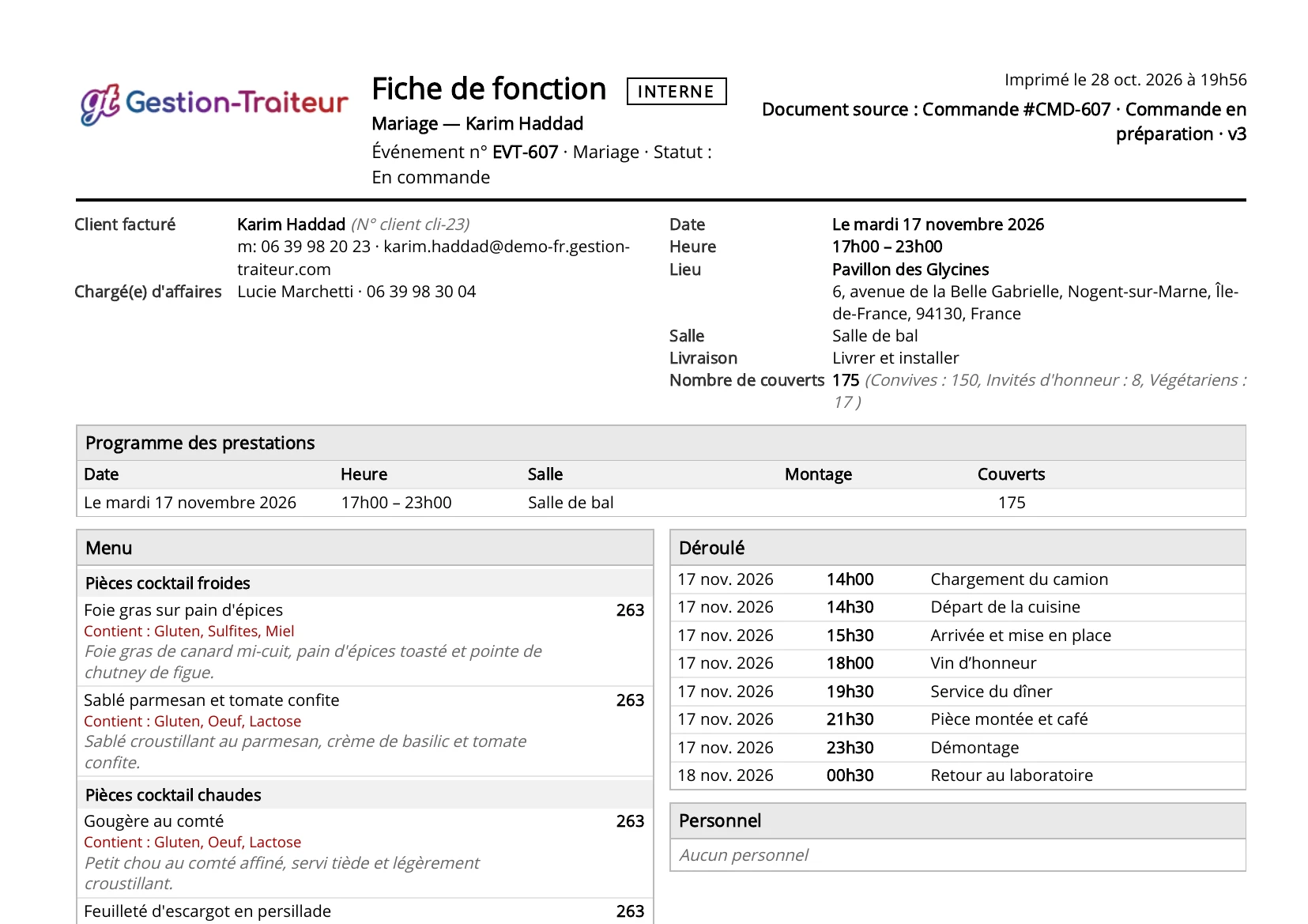 Feuille de fonction (BEO) générée par GT3 : client, horaire, menu et déroulement