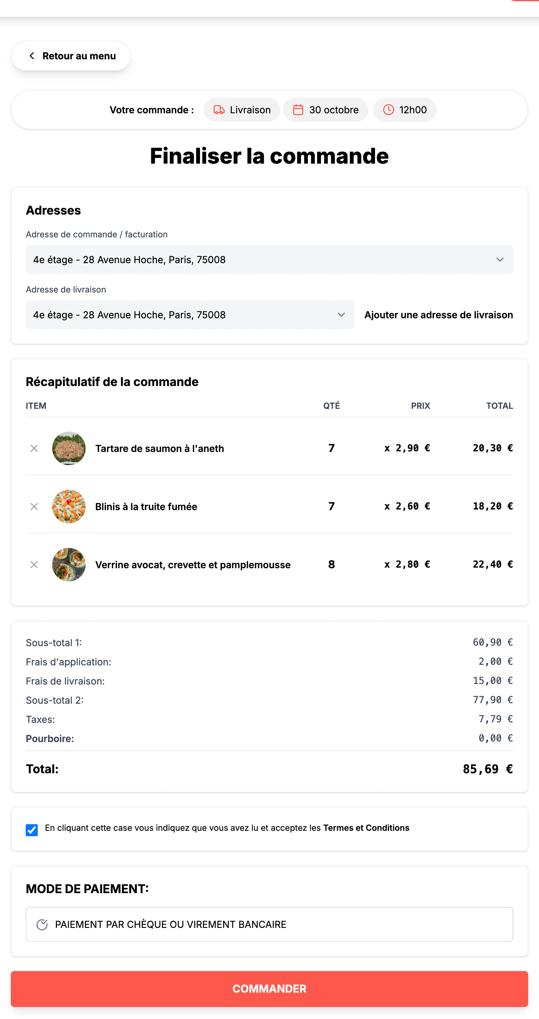 Finaliser la commande en ligne : adresse de livraison, récapitulatif, TVA et mode de paiement