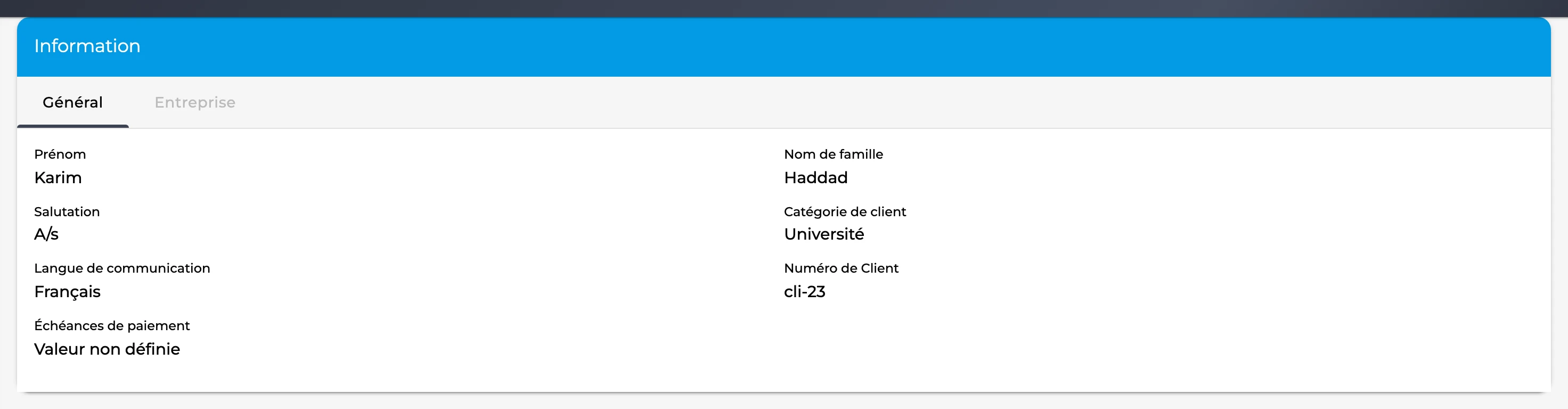 Fiche client GT3 : coordonnées, langue de communication et catégorie