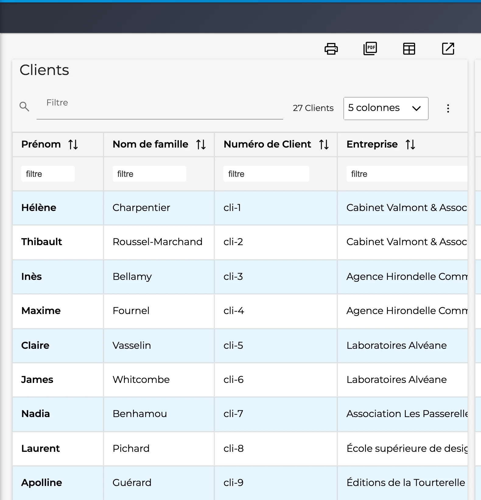 Liste des clients de GT3 avec filtres par colonne
