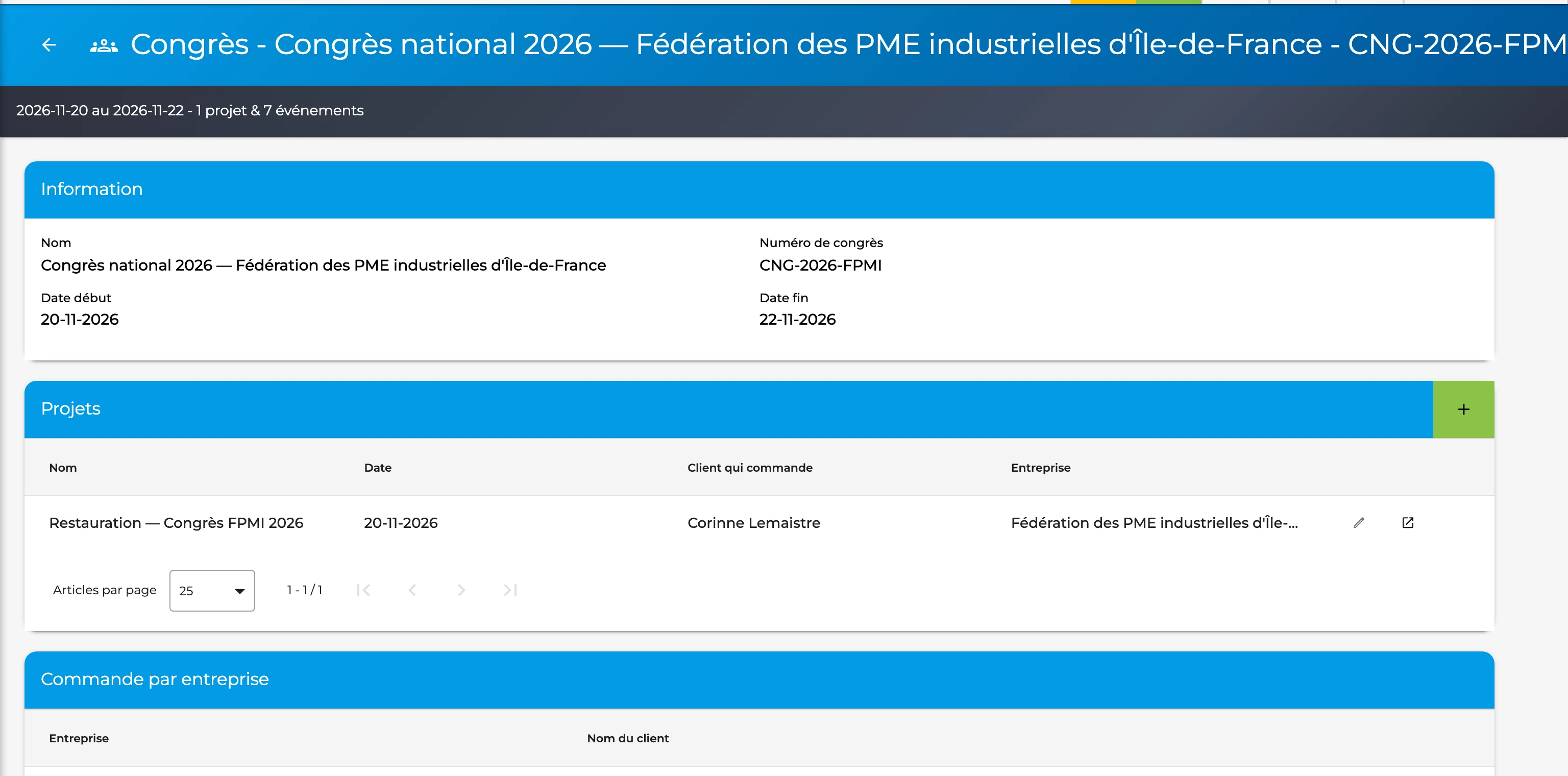 Dossier de congrès dans GT3 : dates, projets et commandes par entreprise