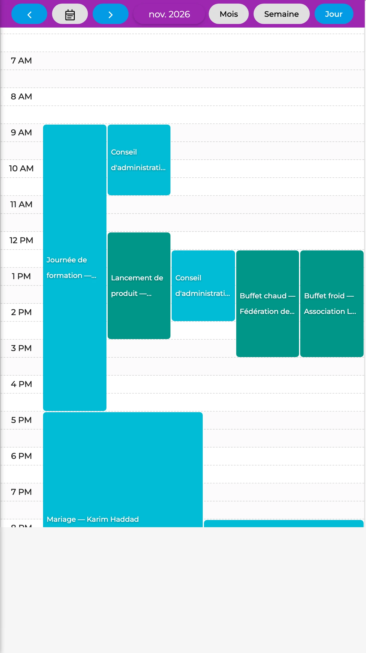 Vue Jour du calendrier GT3 : les événements de la journée placés sur l’horaire