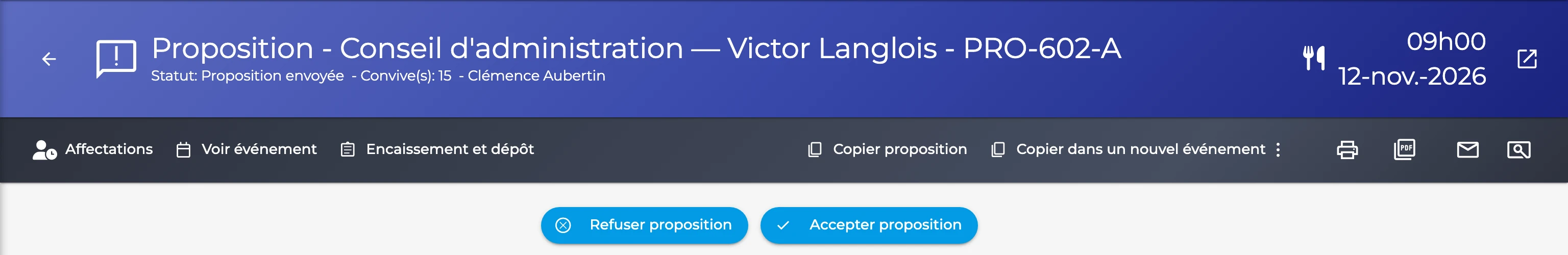 Devis dans GT3 : boutons pour l’accepter, le refuser, le copier ou le copier dans un nouvel événement