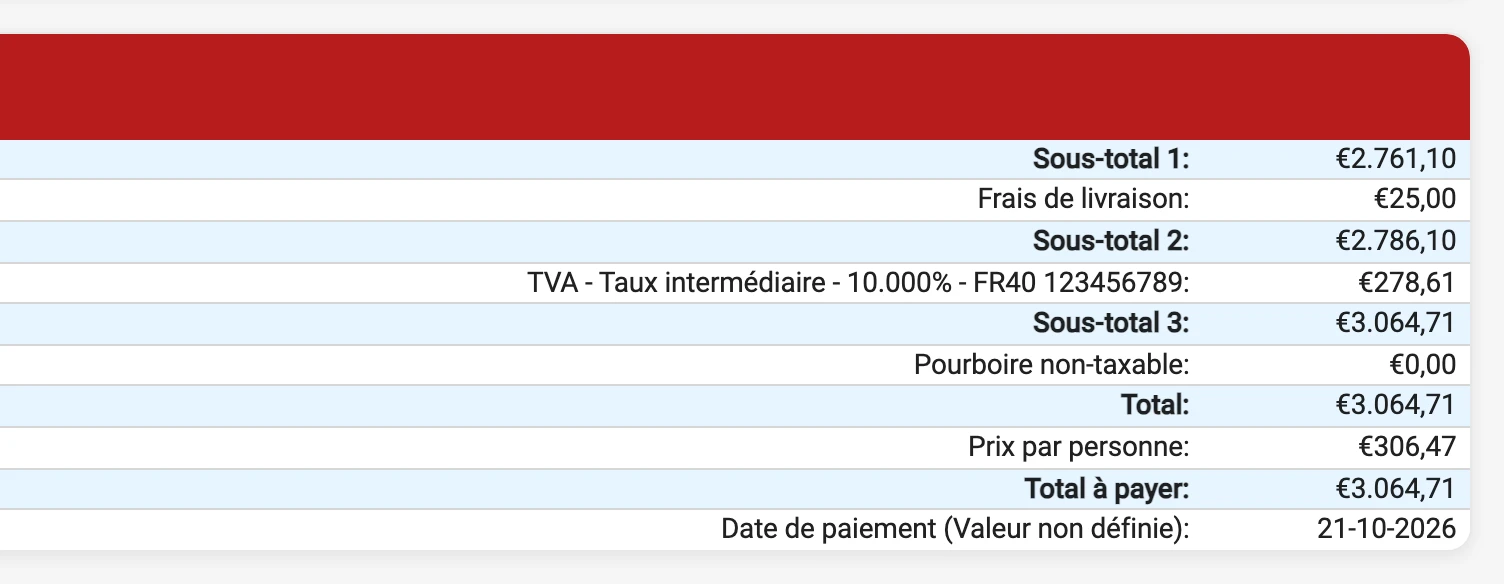 Totaux d’une facture GT3 avec la TVA et son numéro