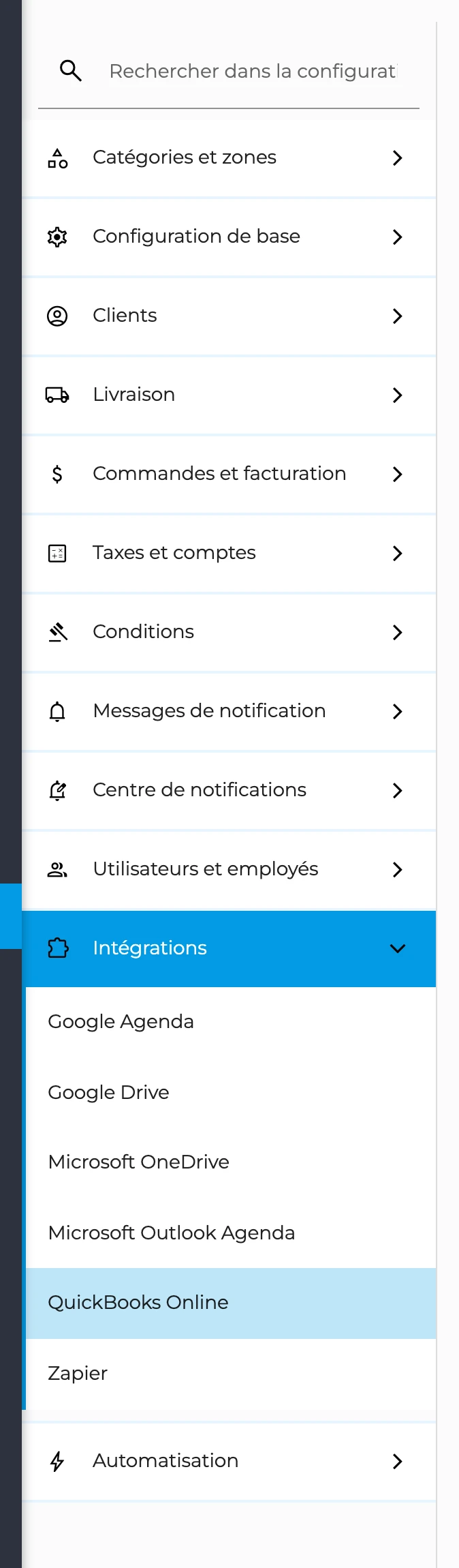 Menu Intégrations de la configuration GT3 : Google, Microsoft et Zapier
