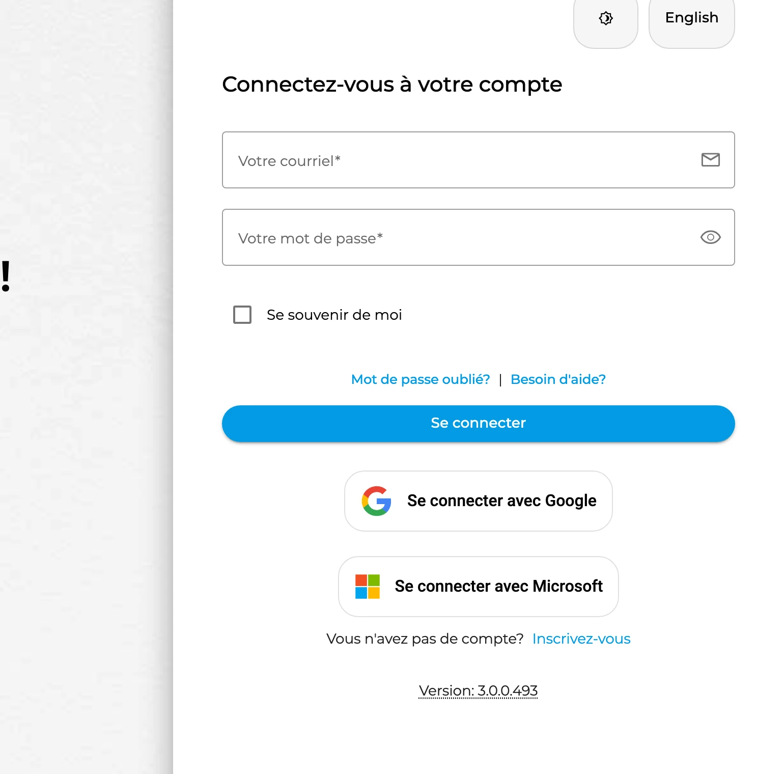 Page de connexion de GT3 : e-mail et mot de passe, ou connexion avec Google ou Microsoft